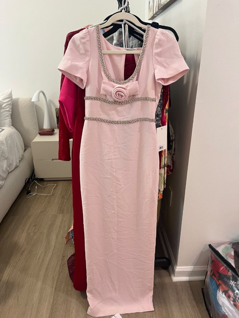 Self-Portrait Pink Crepe Crystal Trim Rose Maxi Dress US 2 NWT